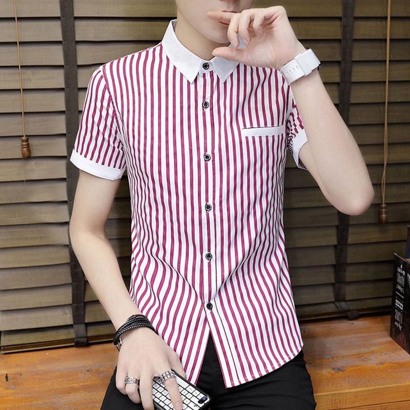 2023 Summer Men's Short-sleeved Shirt Korean Style Slim Striped Shirt Professional Work Men's Trendy Handsome Inch Shirt