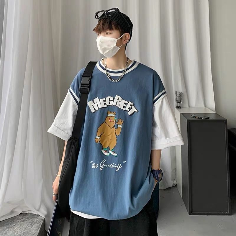 夏季純棉假兩件短袖潮牌嘻哈半袖帥t男生個性街頭籃球服卡通熊T恤