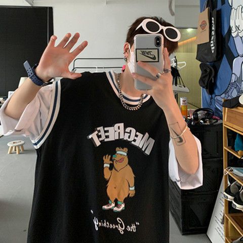 夏季假兩件半袖潮牌嘻哈百搭帥t男生個性街頭籃球服卡通熊短袖T恤