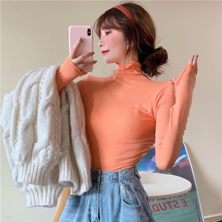 Avocado green bottoming shirt female  spring new pile collar long-sleeved T-shirt female student ins high collar wood ear