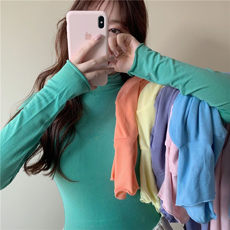 Avocado green bottoming shirt female  spring new pile collar long-sleeved T-shirt female student ins high collar wood ear