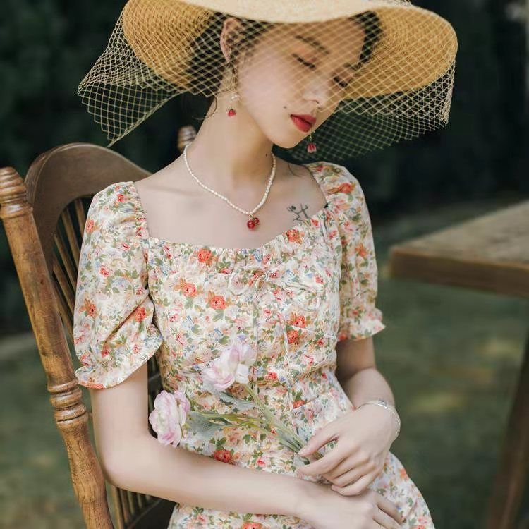37860-复古法式方领雪纺短袖蝴蝶结系带碎花仙女连衣裙2021新款收腰显瘦-详情图