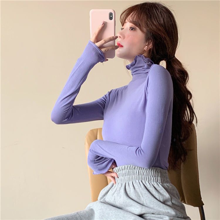 Avocado green bottoming shirt female  spring new pile collar long-sleeved T-shirt female student ins high collar wood ear