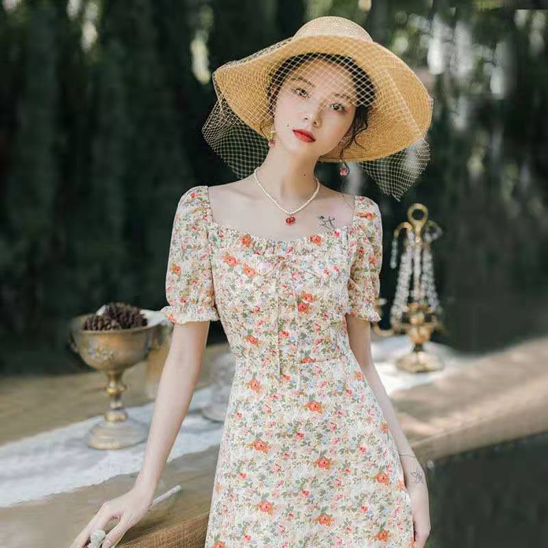 37860-复古法式方领雪纺短袖蝴蝶结系带碎花仙女连衣裙2021新款收腰显瘦-详情图