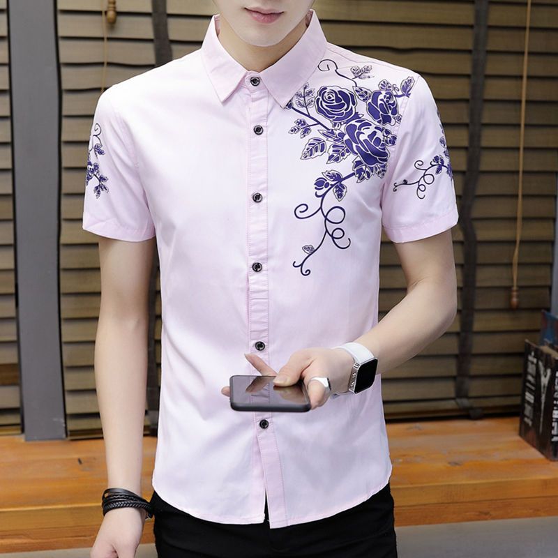 Summer pink short-sleeved shirt men's new Korean version trendy printed shirt business casual men's half-sleeved shirt