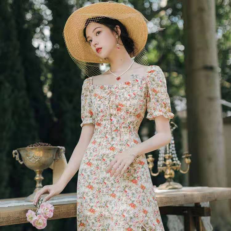 37860-复古法式方领雪纺短袖蝴蝶结系带碎花仙女连衣裙2021新款收腰显瘦-详情图