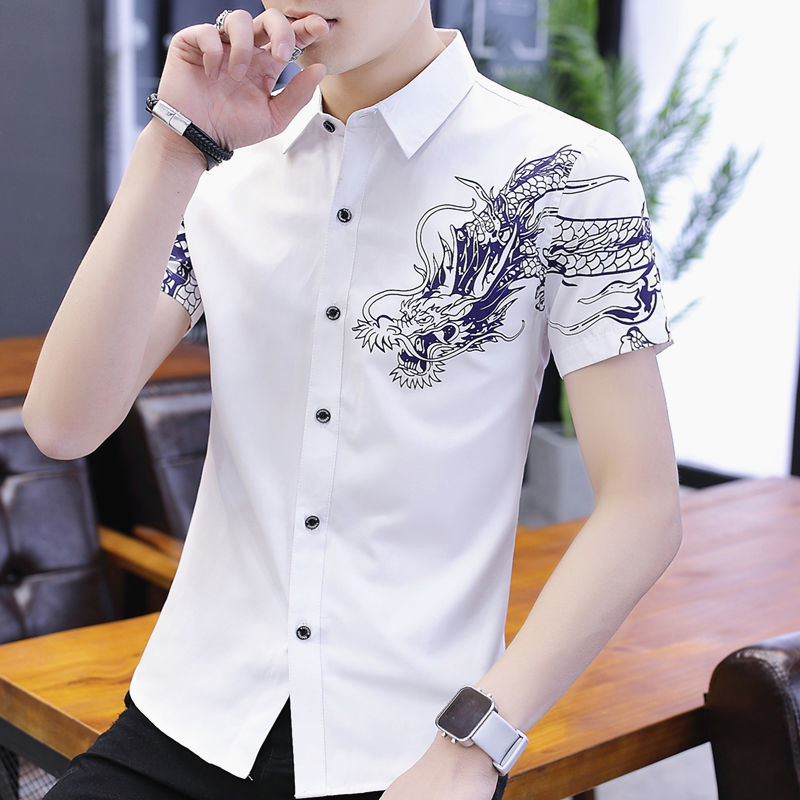 Summer pink short-sleeved shirt men's new Korean version trendy printed shirt business casual men's half-sleeved shirt