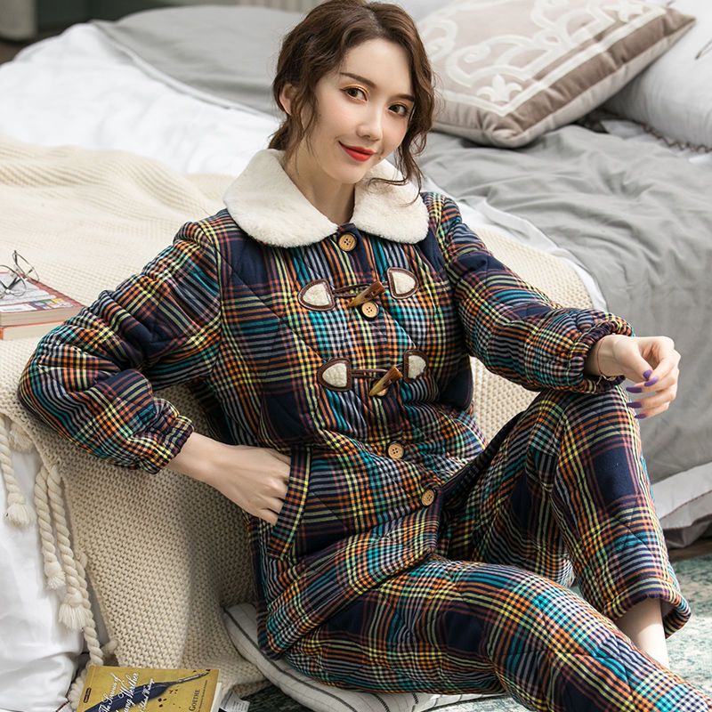 Three-layer thickened quilted pajamas women's winter pure cotton padded jacket plus fat long-sleeved large size home service suit to keep warm ladies