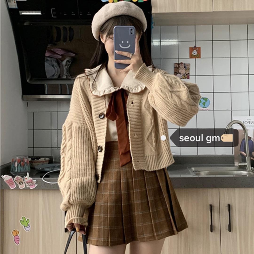 Three-piece Korean style Chic doll collar shirt + plaid high waist skirt + preppy cardigan sweater jacket
