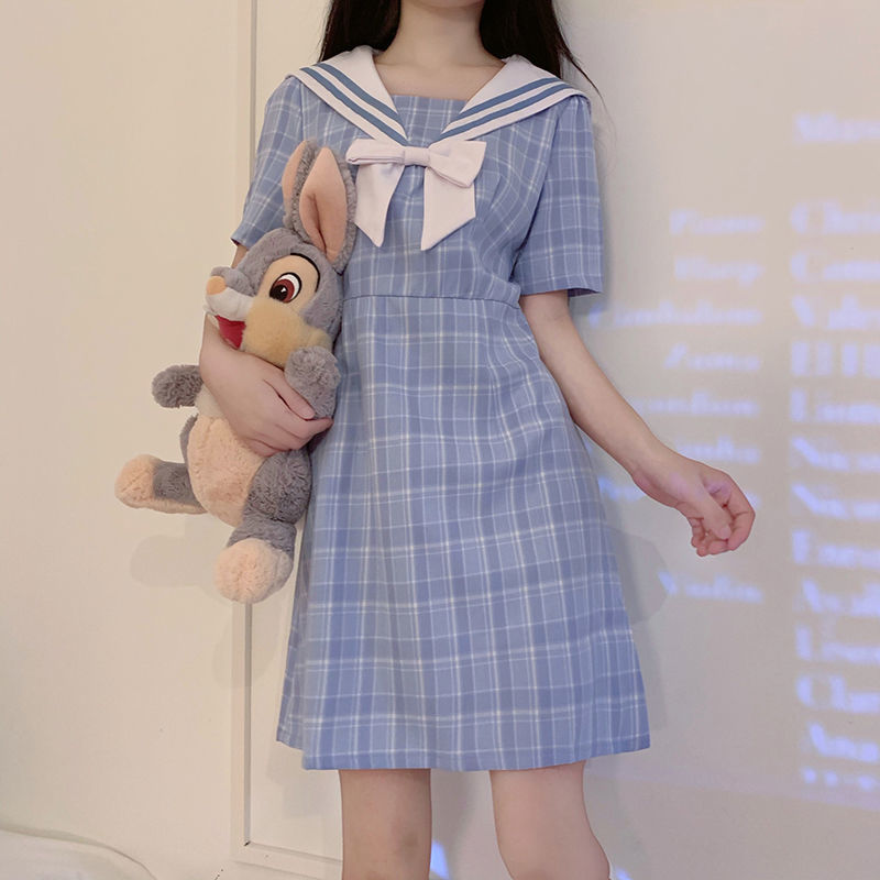 日系甜美格子裙2021夏季新款氣質顯瘦小清新海軍領a字連衣裙女夏