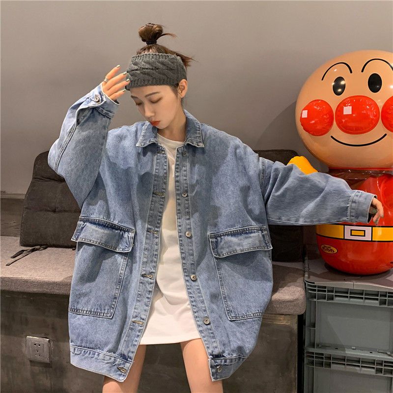 Denim jacket women's spring and autumn Korean version all-match students new BF long-sleeved retro mid-length tooling loose top women