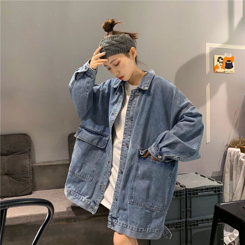 Denim jacket women's spring and autumn Korean version all-match students new BF long-sleeved retro mid-length tooling loose top women