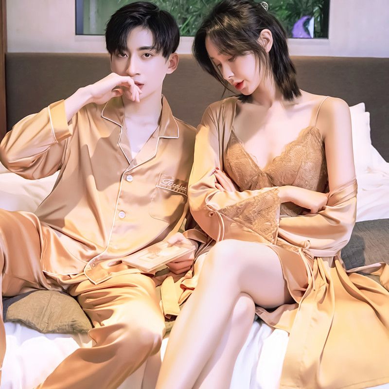 Wedding couple ice silk pajamas spring and summer long-sleeved men's suits feminine lace lace silk suspenders home clothes