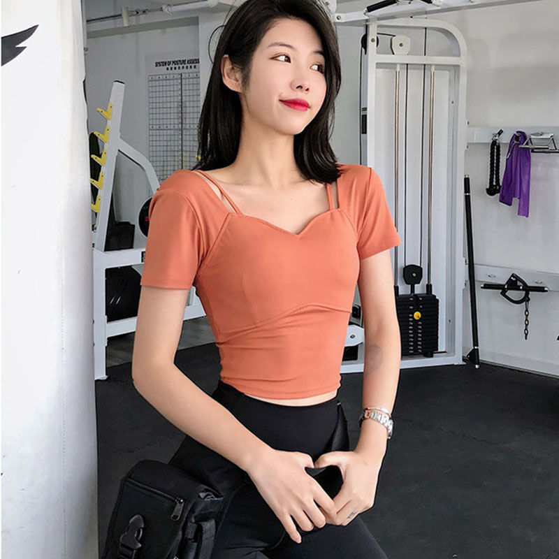 瑜伽上衣女含胸墊緊身顯瘦聚攏防下垂T恤運動跑步性感健身上衣