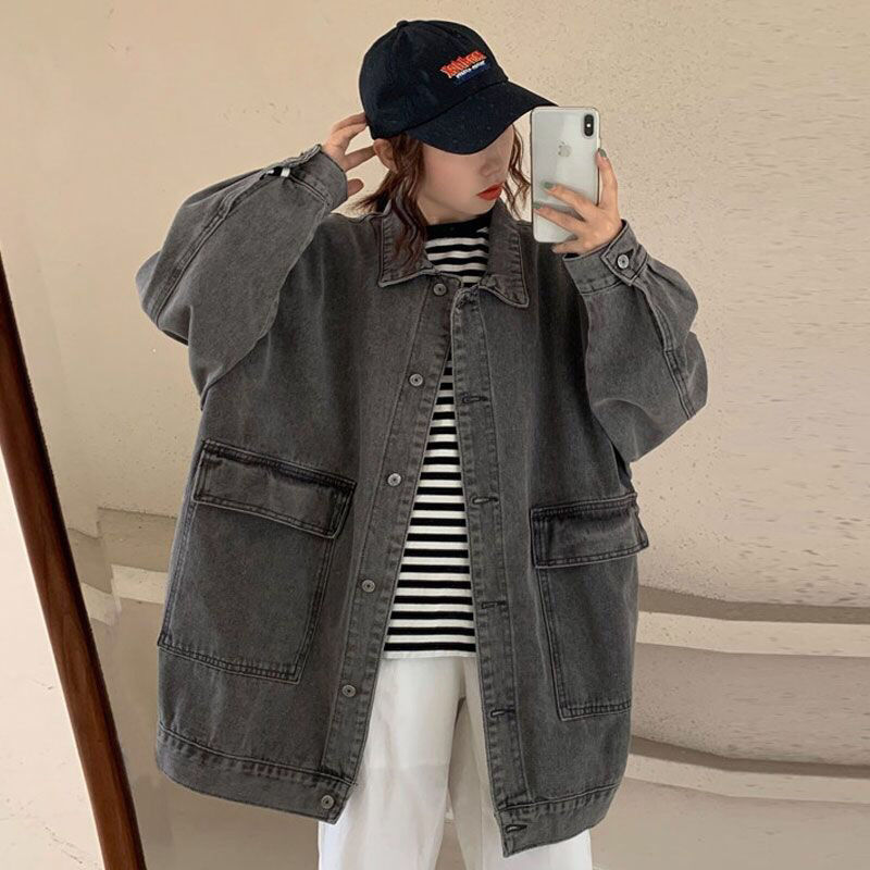 Denim jacket women's spring and autumn Korean version all-match students new BF long-sleeved retro mid-length tooling loose top women