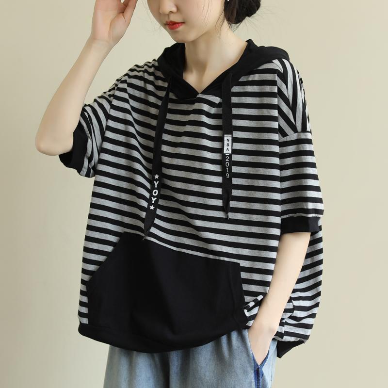 Large size women's literary loose short-sleeved drawstring hooded sweater summer new striped patch pocket all-match T-shirt