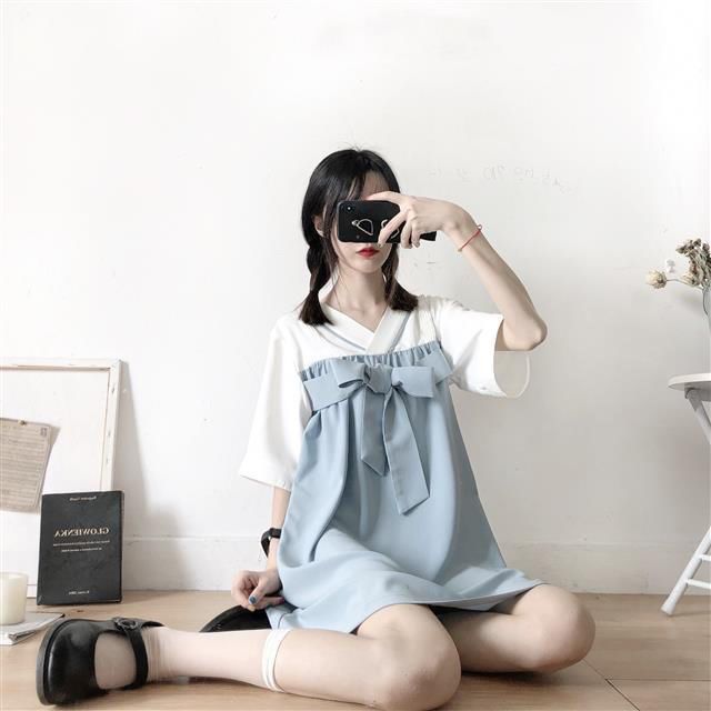 Fake two-piece European station net red fashionable foreign style dress off-the-shoulder top shorts girl student college style girl