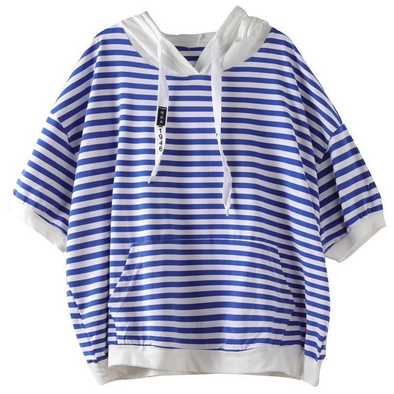 Large size women's literary loose short-sleeved drawstring hooded sweater summer new striped patch pocket all-match T-shirt