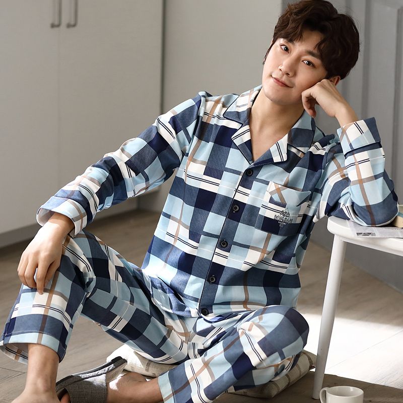 New men's pajamas long sleeve summer thin cotton middle-aged and young people's pajamas plus size spring and summer home clothes set