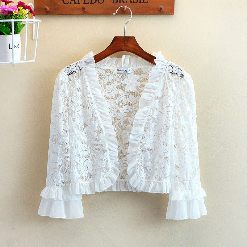  new summer women's clothing versatile lace hollow lotus leaf sleeves shawl jacket short cardigan waistcoat sun protection clothing