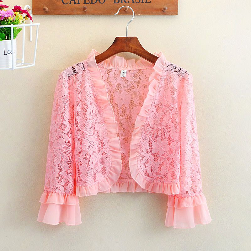  new summer women's clothing versatile lace hollow lotus leaf sleeves shawl jacket short cardigan waistcoat sun protection clothing