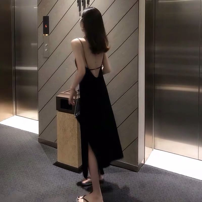 2022 summer night bar Hepburn style long skirt scheming temperament small black skirt disco sexy suspender dress female