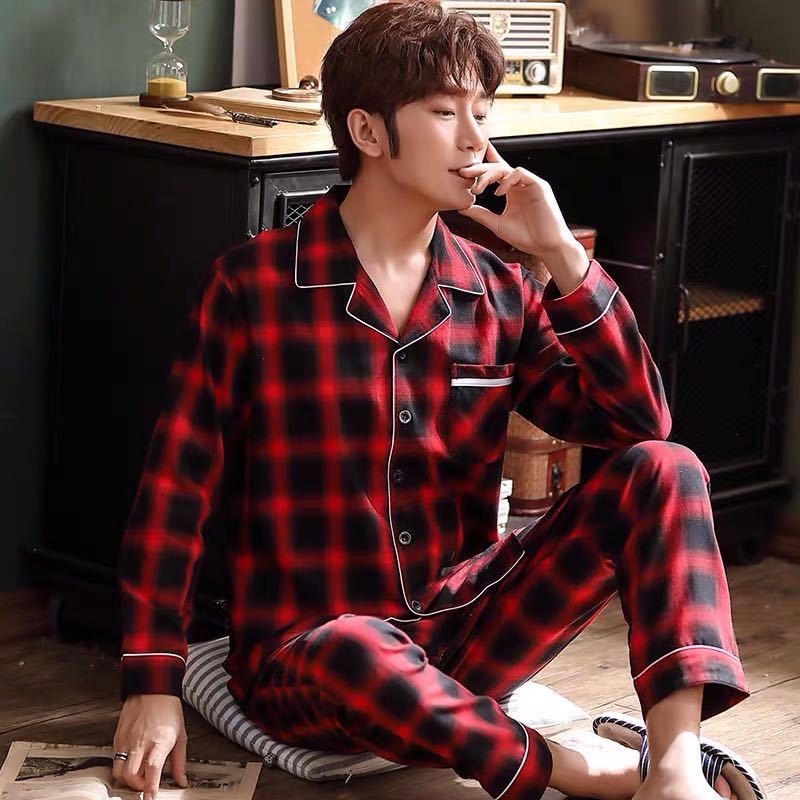 New men's pajamas long sleeve summer thin cotton middle-aged and young people's pajamas plus size spring and summer home clothes set