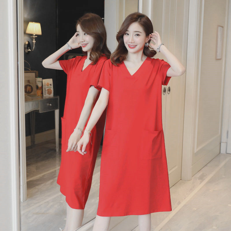 Fat MM extra large size 300 catties pregnant women T-shirt long skirt 2023 summer loose Tibetan meat slimming short-sleeved pocket dress