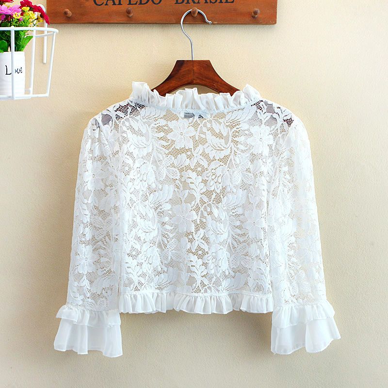  new summer women's clothing versatile lace hollow lotus leaf sleeves shawl jacket short cardigan waistcoat sun protection clothing