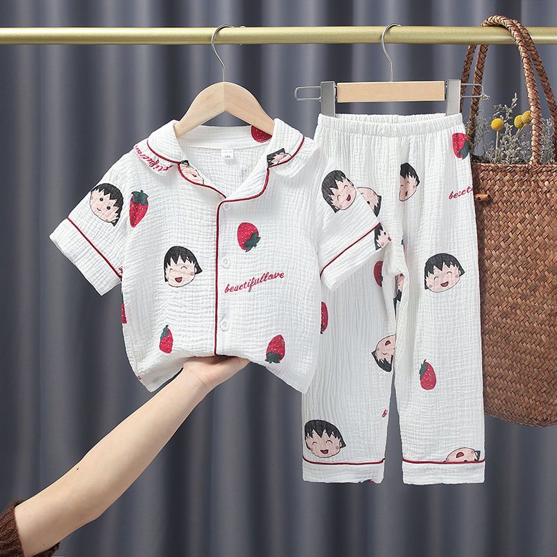 Girls cotton gauze pajamas children's spring and summer double-layer boy short-sleeved summer thin suit home clothes