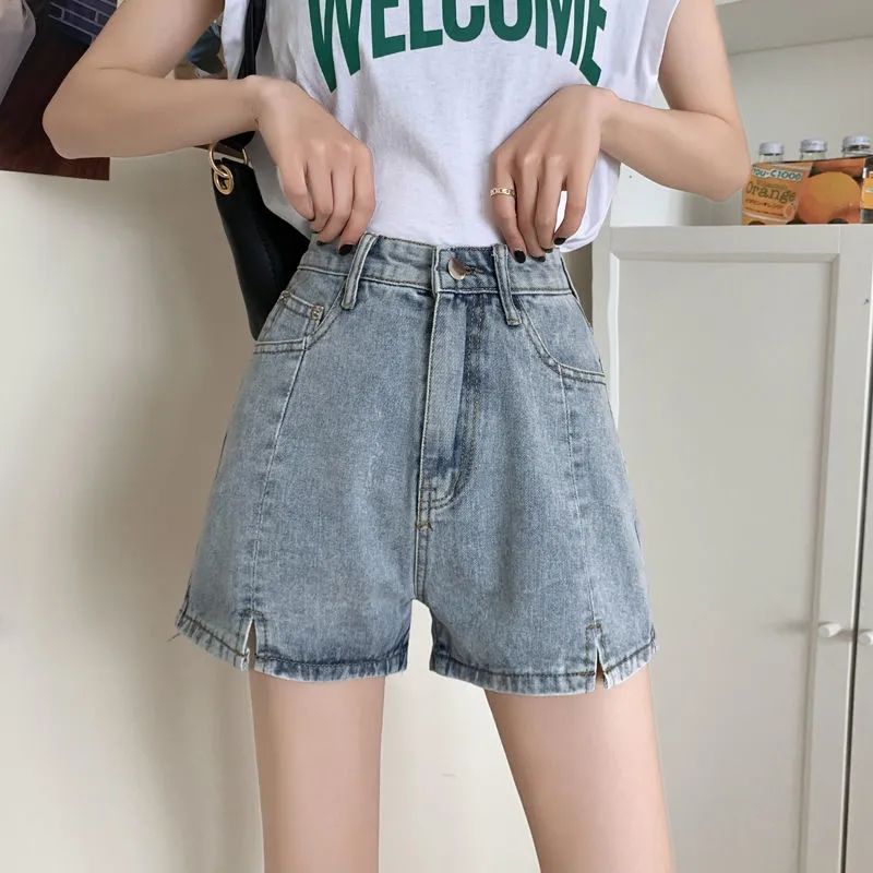 Summer 2022 new Korean denim shorts women's high waist split loose and versatile slim wide leg pants A-line hot pants