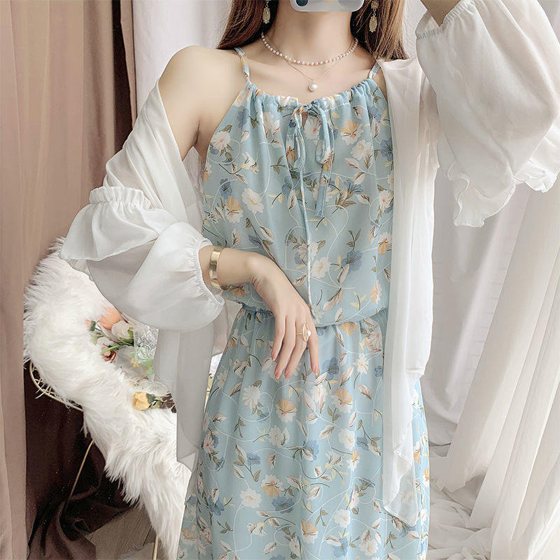 雪紡防曬衣吊帶裙碎花連衣裙女春夏新款雪紡時尚氣質兩件套裝裙潮