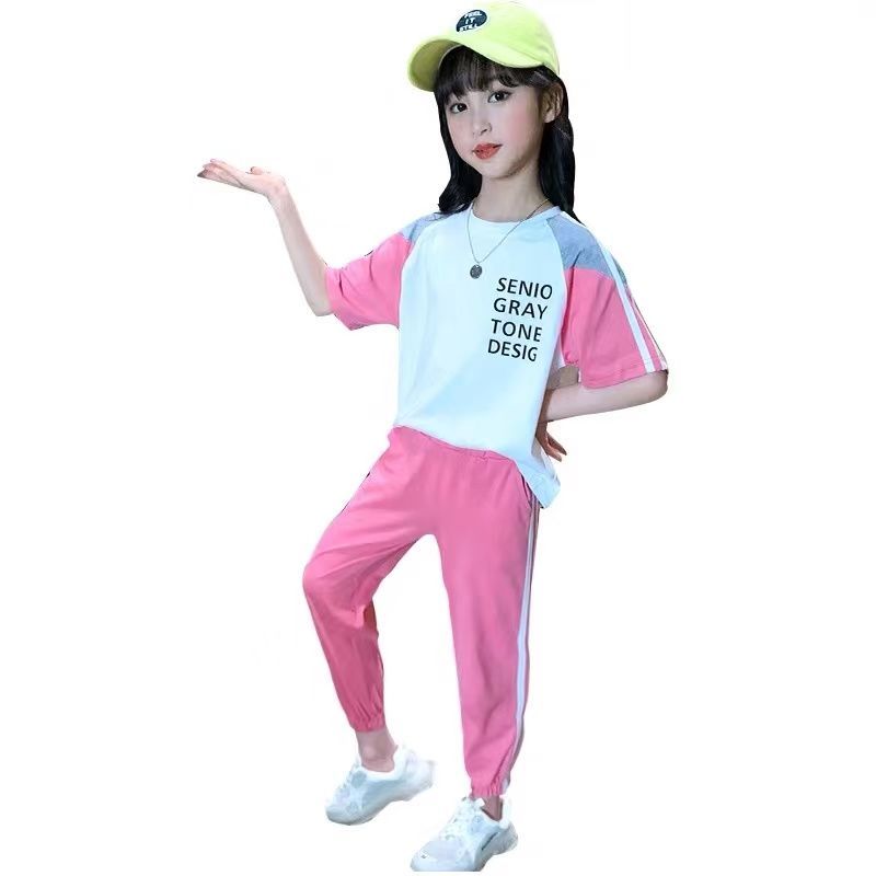 含棉女童套装2023夏装新款韩版中大童洋气休闲时尚短袖运动两件套