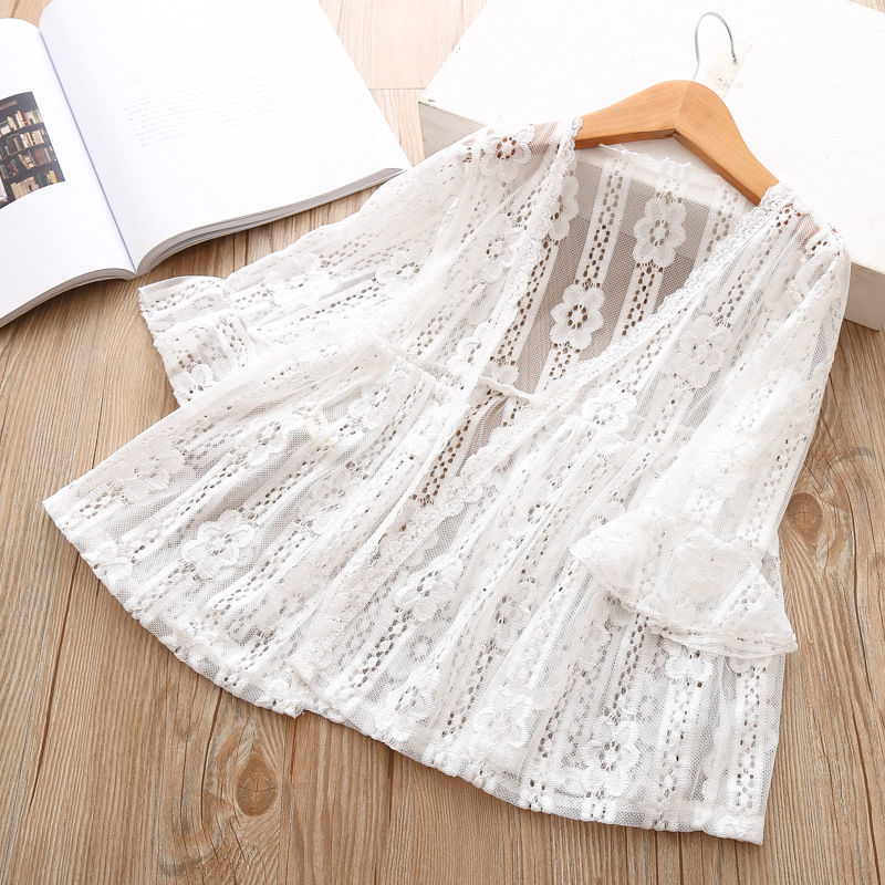 Spring and summer girls lace trumpet sleeve sunscreen clothes baby air conditioner cardigan children's mid-length shawl thin coat