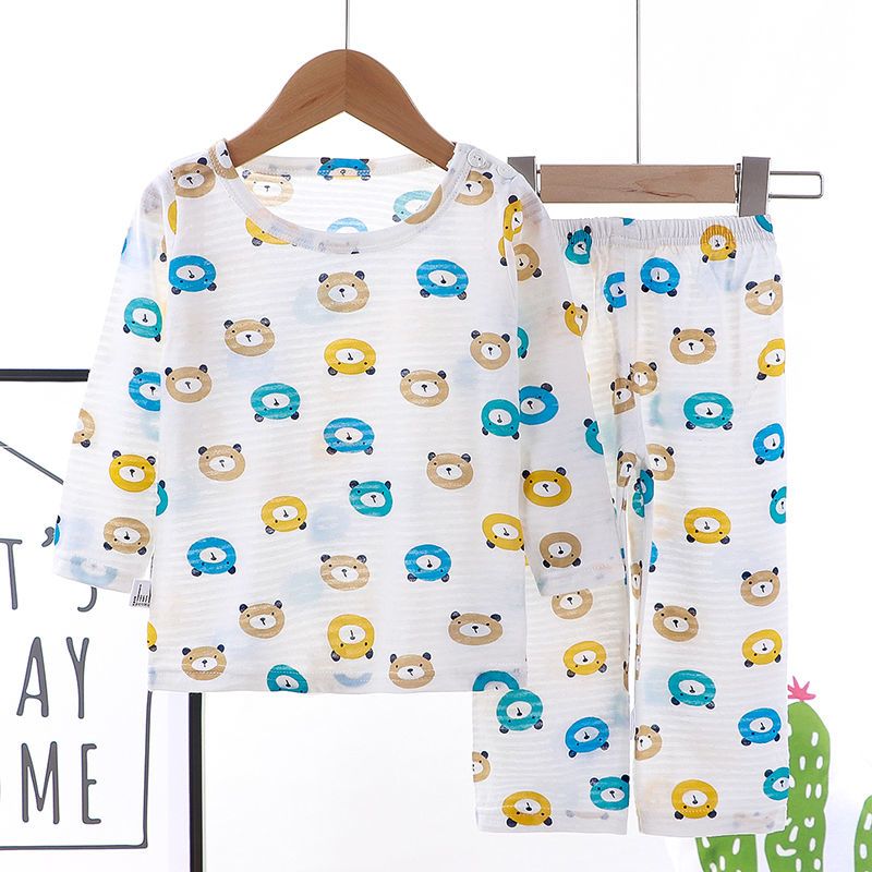 竹节棉儿童睡衣夏男女童家居服套装九分纯棉薄中小童空调服童夏装 虎窝拼