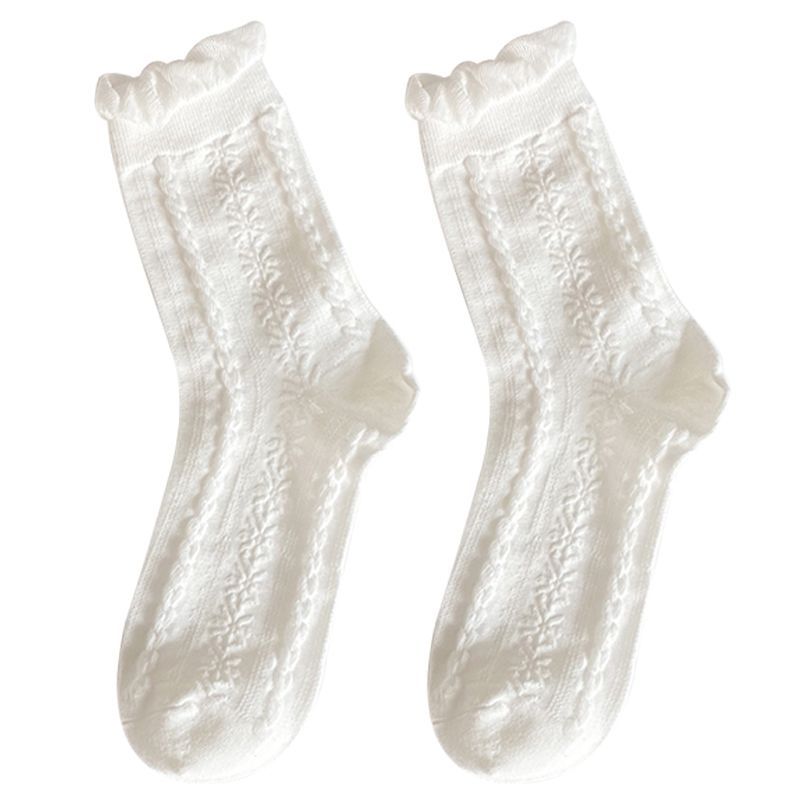 白色袜子女中筒袜ins潮四季花边纯色日系jk堆堆袜春秋长筒袜棉袜