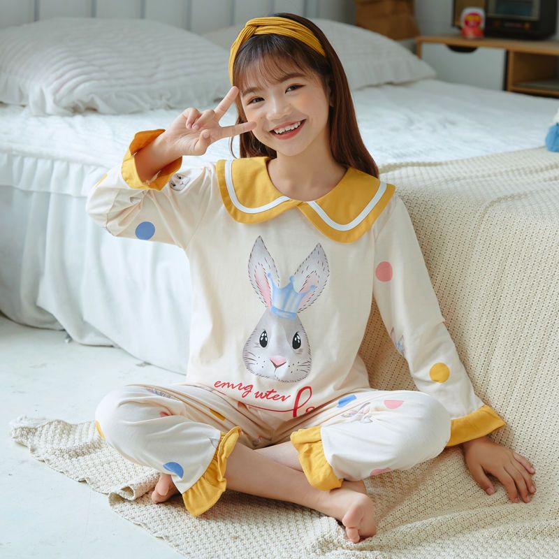 Spring and autumn children's pajamas, women's long-sleeved suits, girls' home clothes, middle-aged children's children's girls' pure cotton children's clothing hot styles