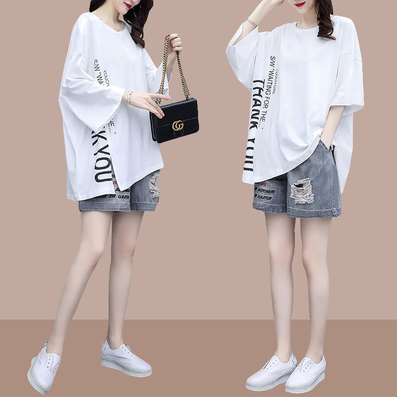 单/套装夏季新款韩版宽松大码时尚休闲牛仔短裤T恤洋气两件套