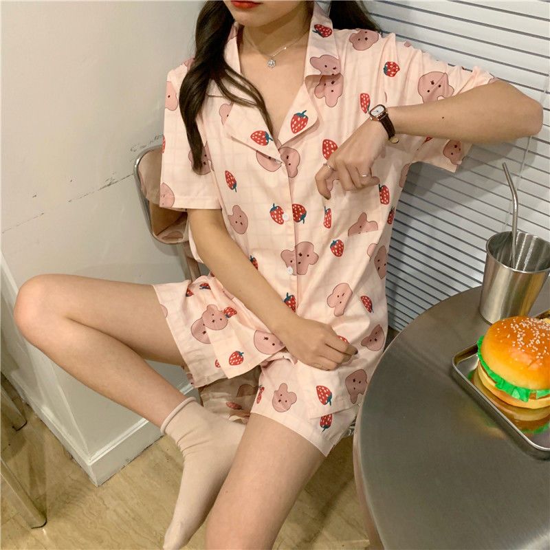 Striped pajamas female summer suit student ins princess short-sleeved cardigan plus size loose sweet home service female
