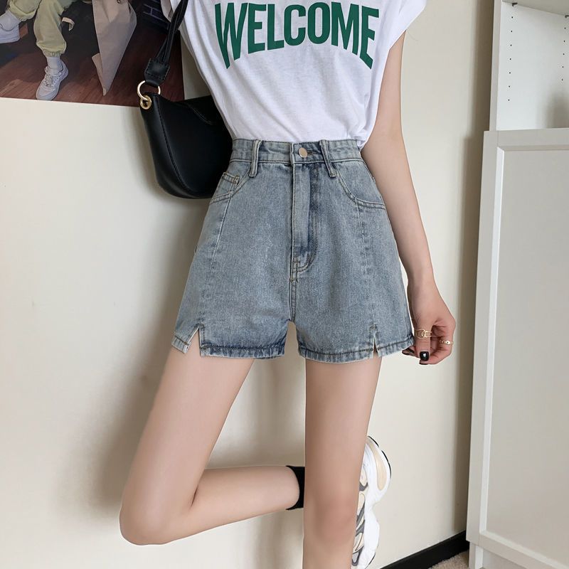 Summer 2022 new Korean denim shorts women's high waist split loose and versatile slim wide leg pants A-line hot pants