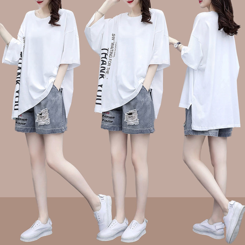 单/套装夏季新款韩版宽松大码时尚休闲牛仔短裤T恤洋气两件套