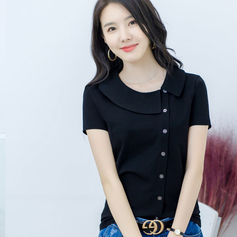 純棉翻領女士t恤短袖ins斜領夏裝新款修身有領設計感半袖小眾上衣