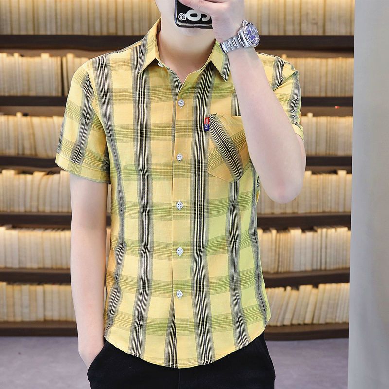 格子衬衫男短袖夏季新款韩版潮流带口袋衬衣青年职业正装休闲寸衫