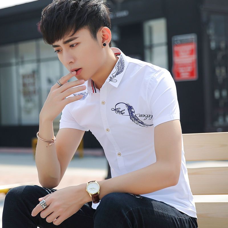 男士短袖衬衫夏季韩版潮流白色衬衣时尚百搭男装薄款上衣免烫寸衫