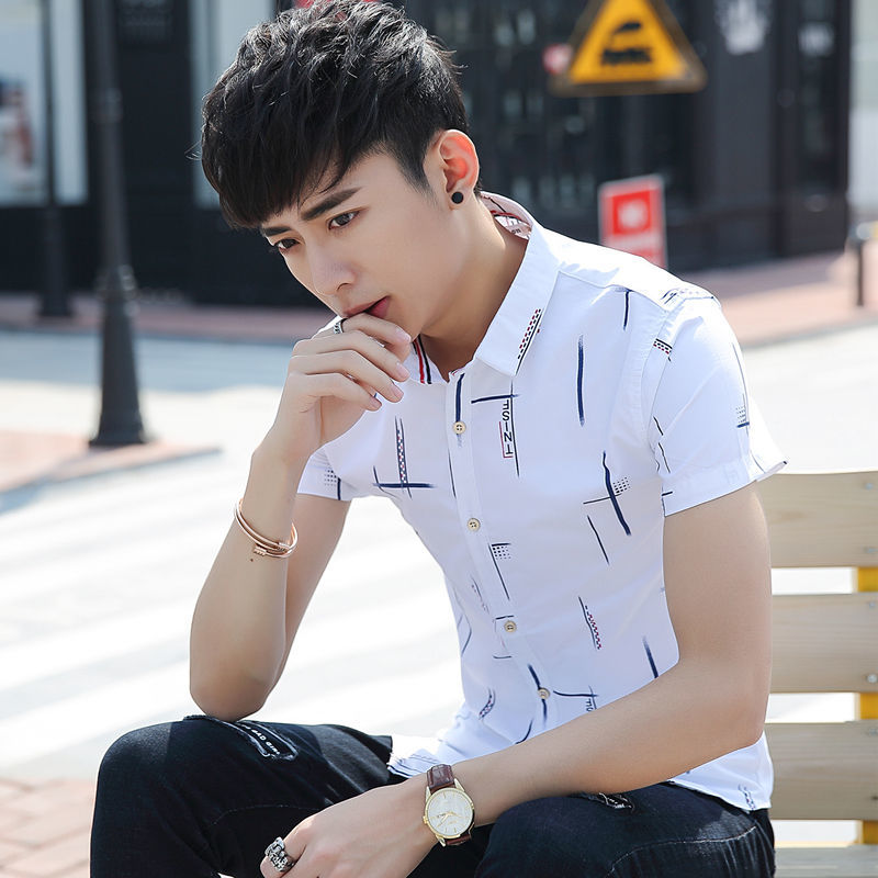 男士短袖衬衫夏季韩版潮流白色衬衣时尚百搭男装薄款上衣免烫寸衫