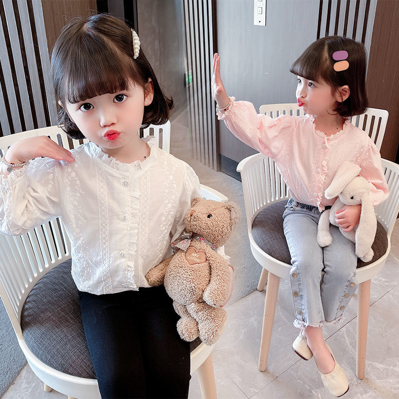 Girls stand collar lace shirt 2023 spring new baby girl lace foreign style princess children's shirt spring and autumn trend