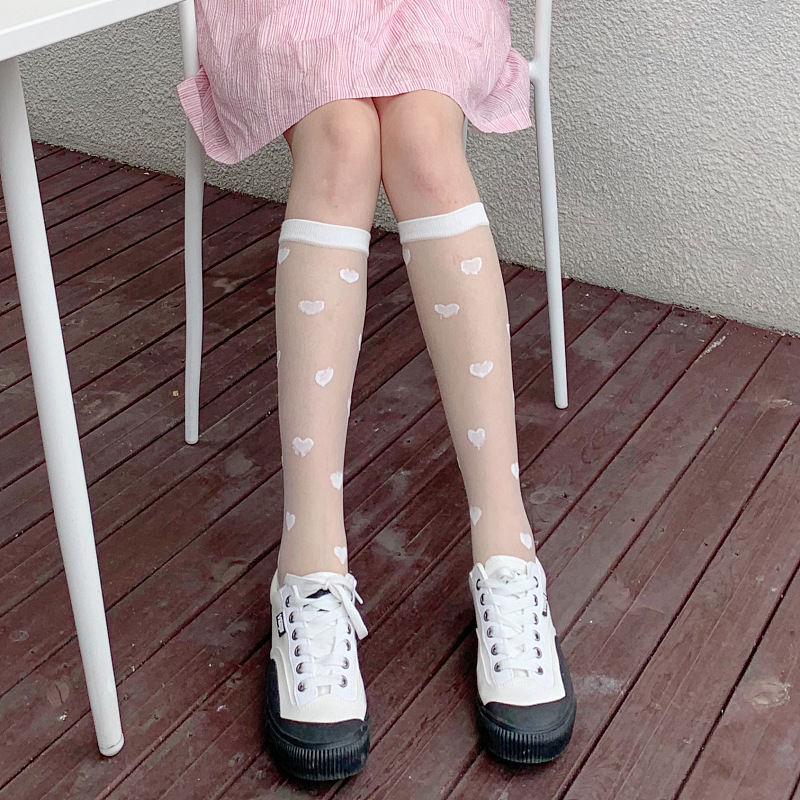 日系软妹洛丽塔玻璃丝爱心中筒袜女网红萝莉JK黑丝小腿袜春夏薄款