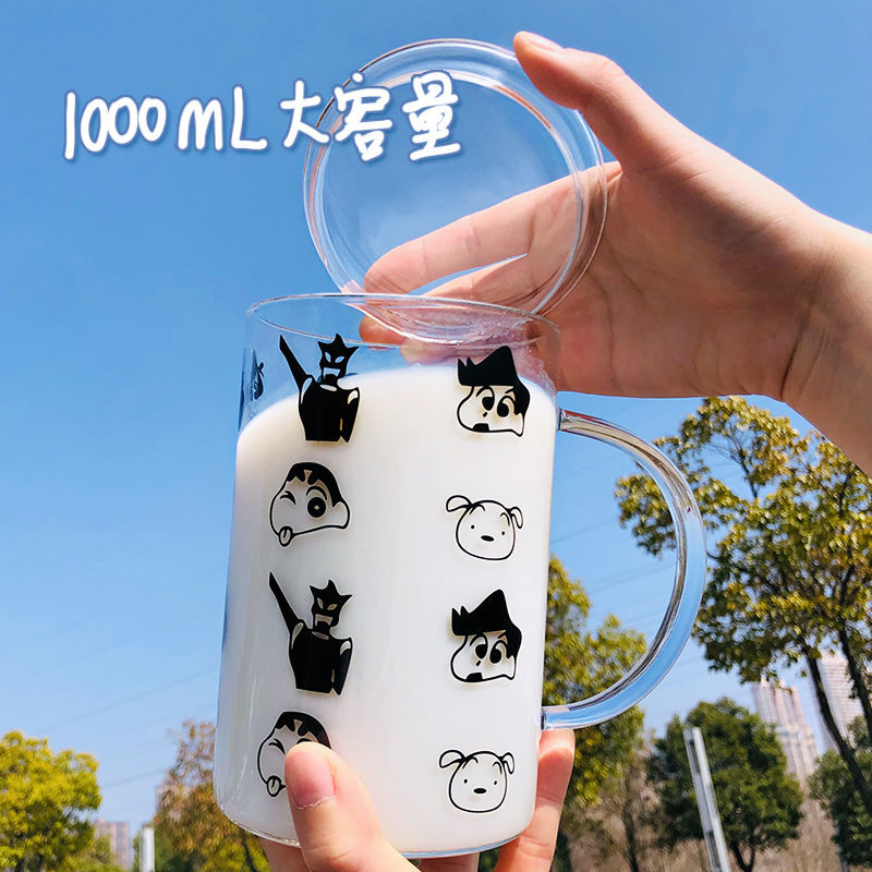 大容量1000ml玻璃杯子带把带盖泡茶牛奶杯可爱女卡通吸管把手水杯