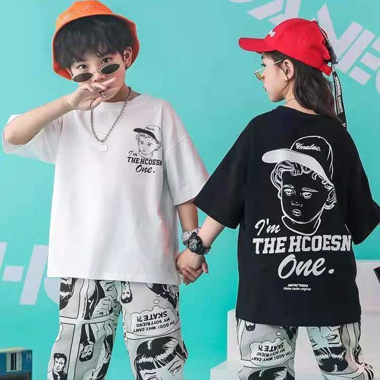 男童女童洋气套装2023新款个性印花短袖夏季韩版中大童时尚两件套