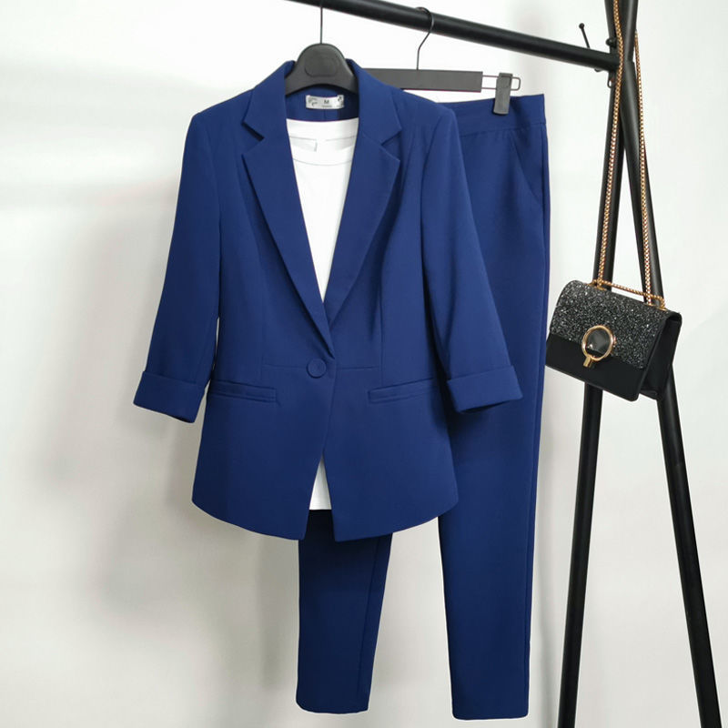 藍色西裝套裝女2023夏季新款氣質經理職業裝女士七分袖西服工作服
